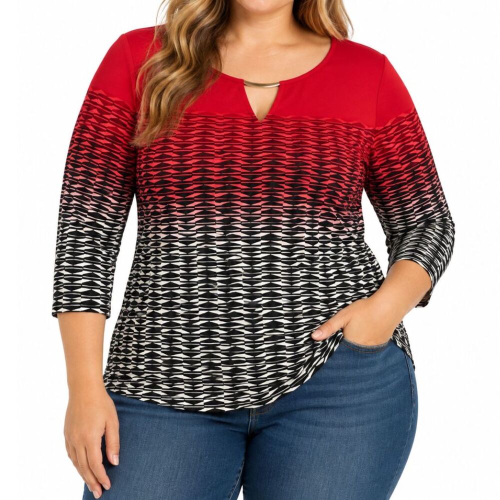 Calvin Klein Women’s Red Black Ombre Geometric Keyhole Top | Size Medium